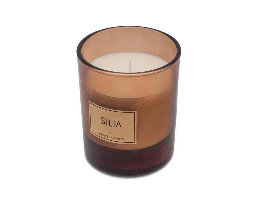 Świeca Silia brązowa w drewnianym pudełku z logo firmy