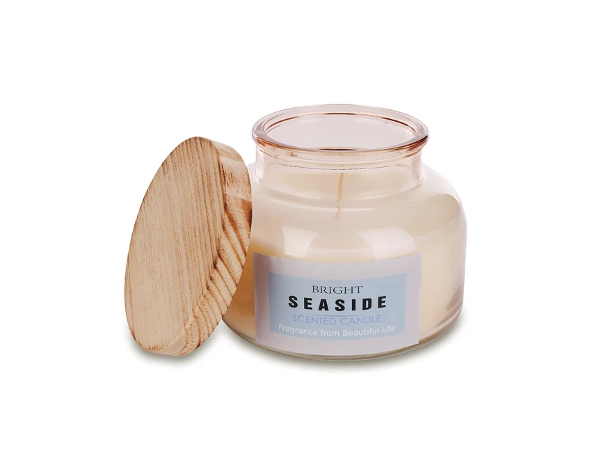 Duża biała świeca Matala z logo w szkle i drewnie 80h