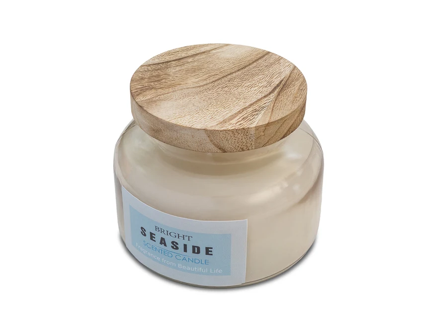 Duża biała świeca Matala z logo w szkle i drewnie 80h