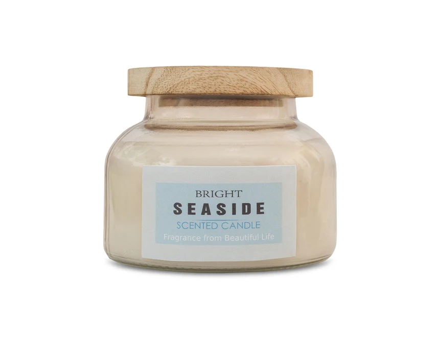 Duża biała świeca Matala z logo w szkle i drewnie 80h