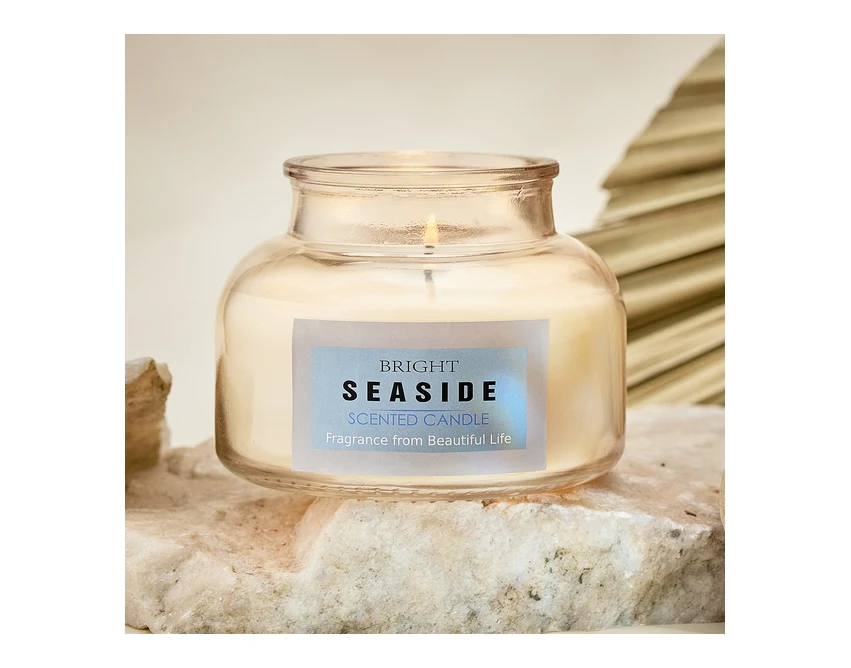 Duża biała świeca Matala z logo w szkle i drewnie 80h