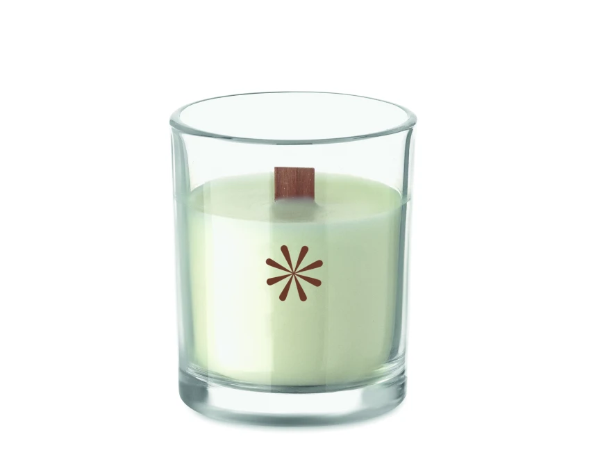 Świeca reklamowa z logo, przezroczyste szkło, drewniany knot