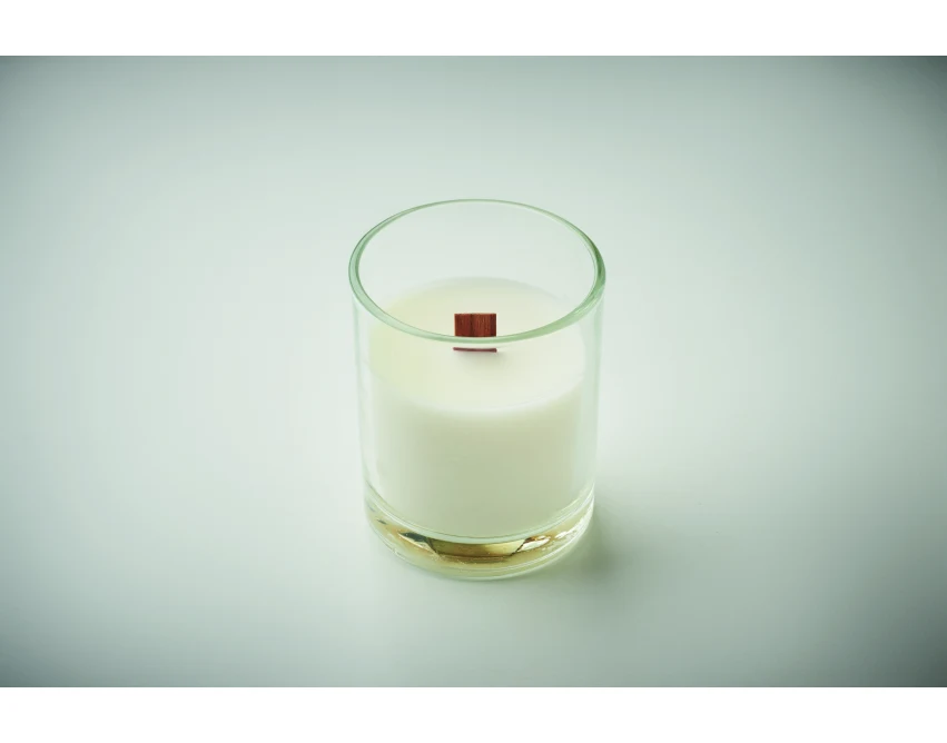 Świeca reklamowa z logo, przezroczyste szkło, drewniany knot