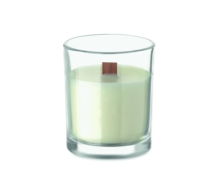 Świeca reklamowa z logo, przezroczyste szkło, drewniany knot