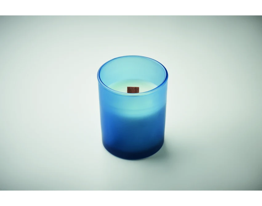 Niebieska świeca firmowa 80g z logo, drewniany knot, wanilia