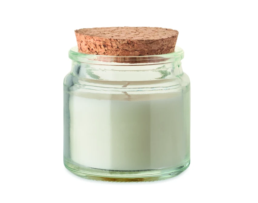 Beżowa świeca waniliowa 70g z logo w szkle z korkiem