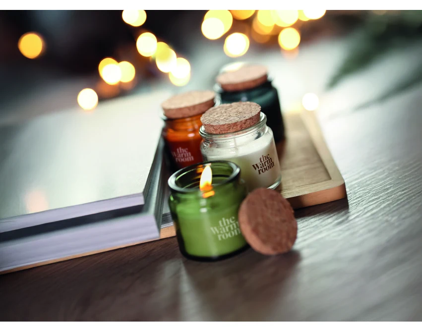 Beżowa świeca waniliowa 70g z logo w szkle z korkiem