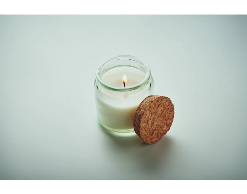 Beżowa świeca waniliowa 70g z logo w szkle z korkiem