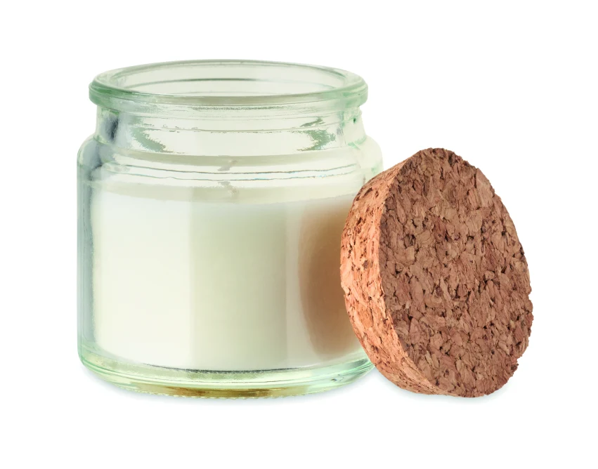 Beżowa świeca waniliowa 70g z logo w szkle z korkiem