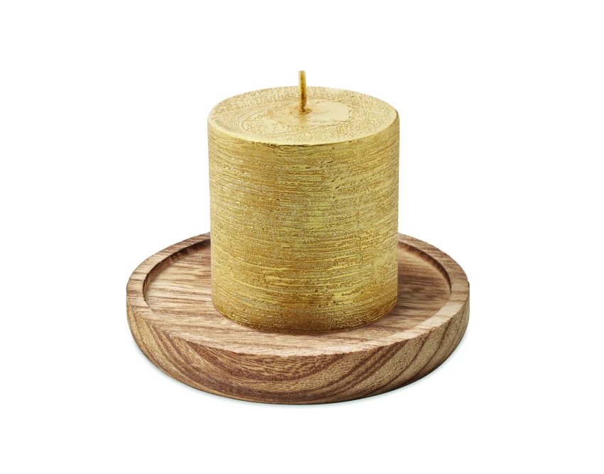 Złota świeca zapachowa waniliowa z logo na drewnie 88g