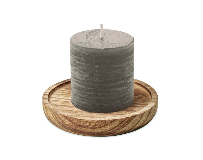 Szara świeca waniliowa z logo na drewnianej podstawce 12h