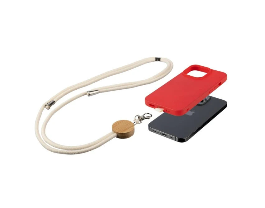 Bawełniana smycz do telefonu z bambusowym medalionem