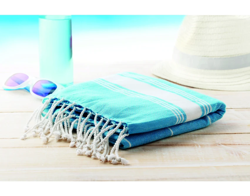 Ręcznik plażowy Malibu turkusowy z logo firmy 180 g