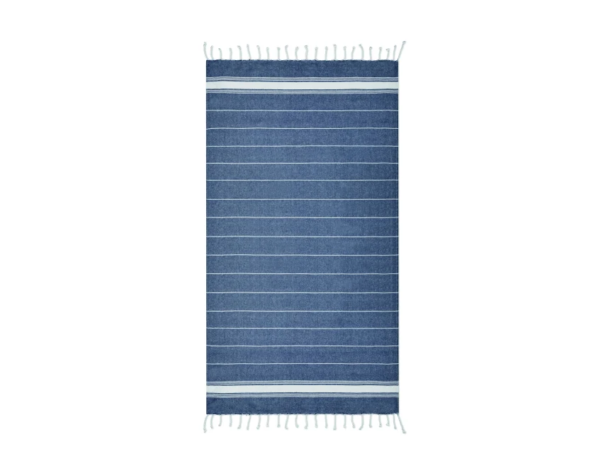 Granatowy ręcznik plażowy Malibu z logo – bawełna, frędzle