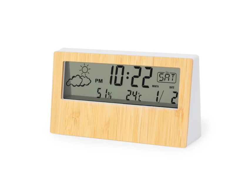Bambusowa stacja pogodowa z logo, drewno/ABS, alarm, LCD