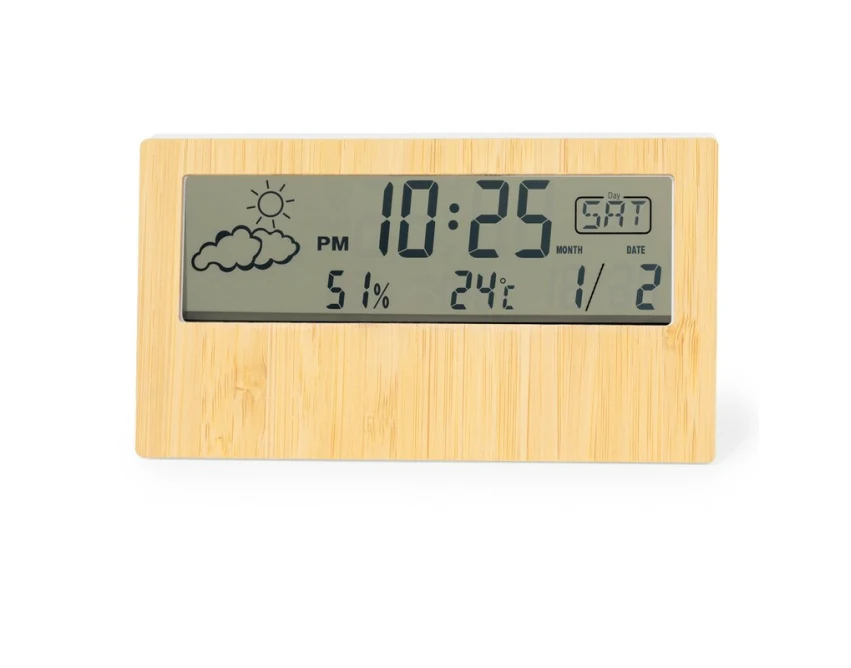 Bambusowa stacja pogodowa z logo, drewno/ABS, alarm, LCD