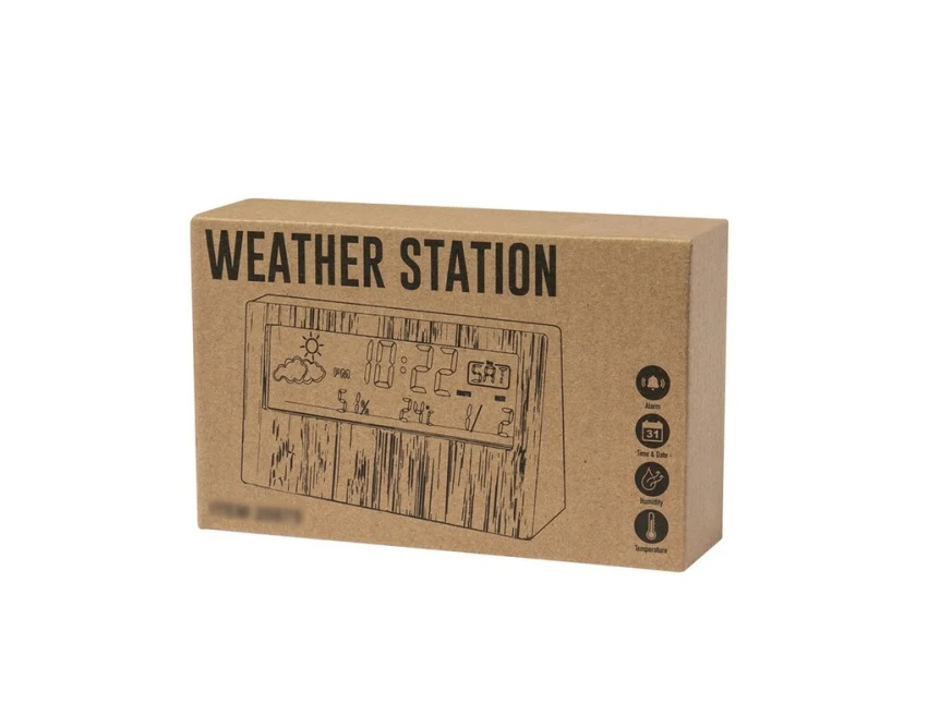 Bambusowa stacja pogodowa z logo, drewno/ABS, alarm, LCD