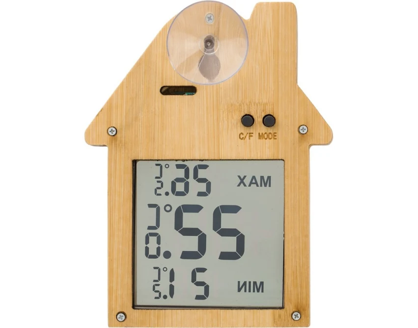 Bambusowa stacja pogodowa domek z logo, brązowa