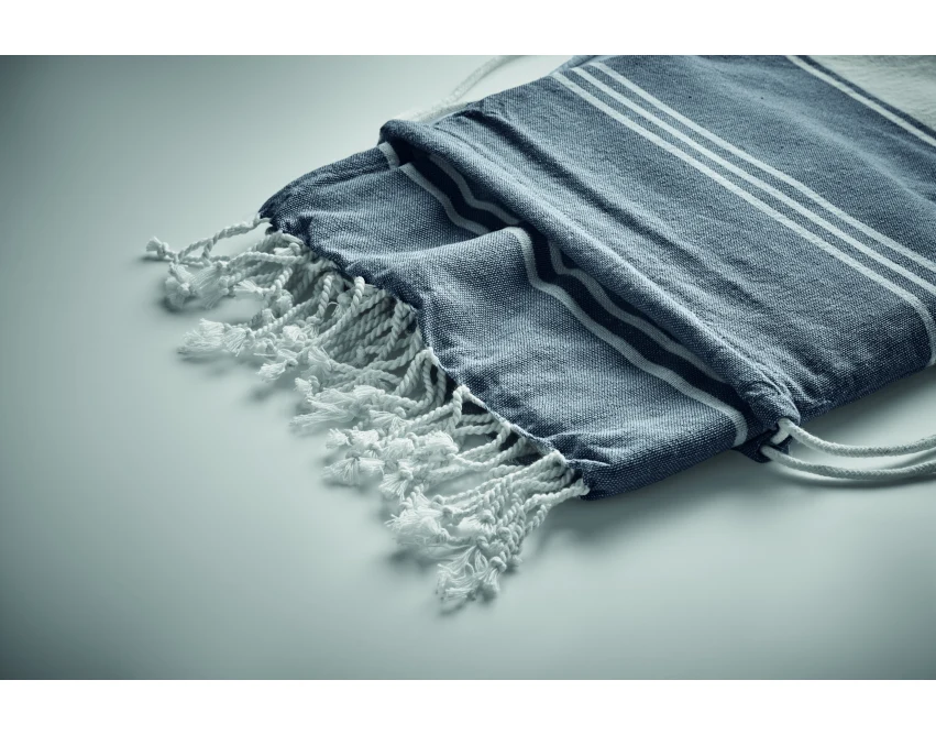 Niebieski ręcznik hammam 90x160 z logo + worek dla firm