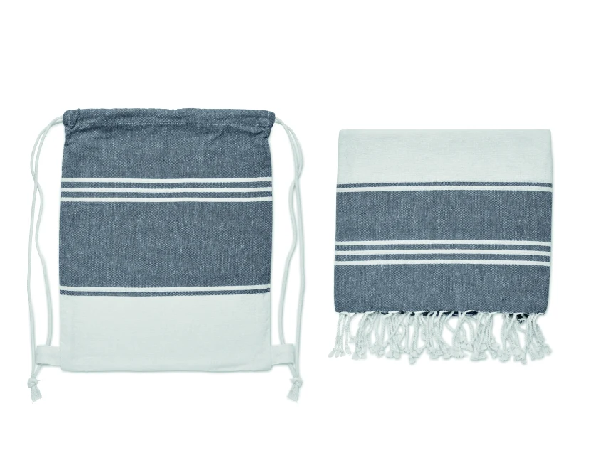 Niebieski ręcznik hammam 90x160 z logo + worek dla firm