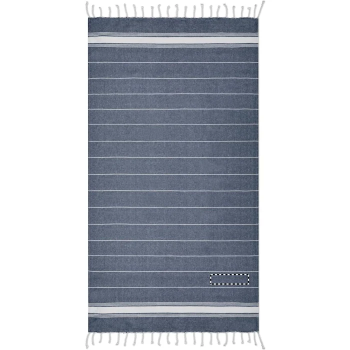 Schemat znakowania dla Transfer sitodruk - T1 na gadżecie: Granatowy ręcznik plażowy Malibu z logo – bawełna, frędzle