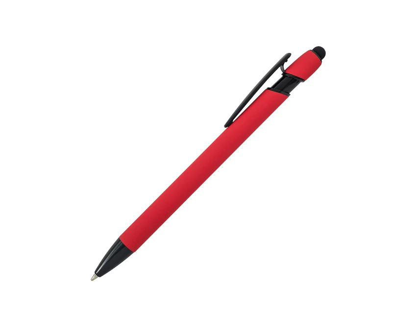 Czerwony długopis Softnero z rysikiem i grawerem logo