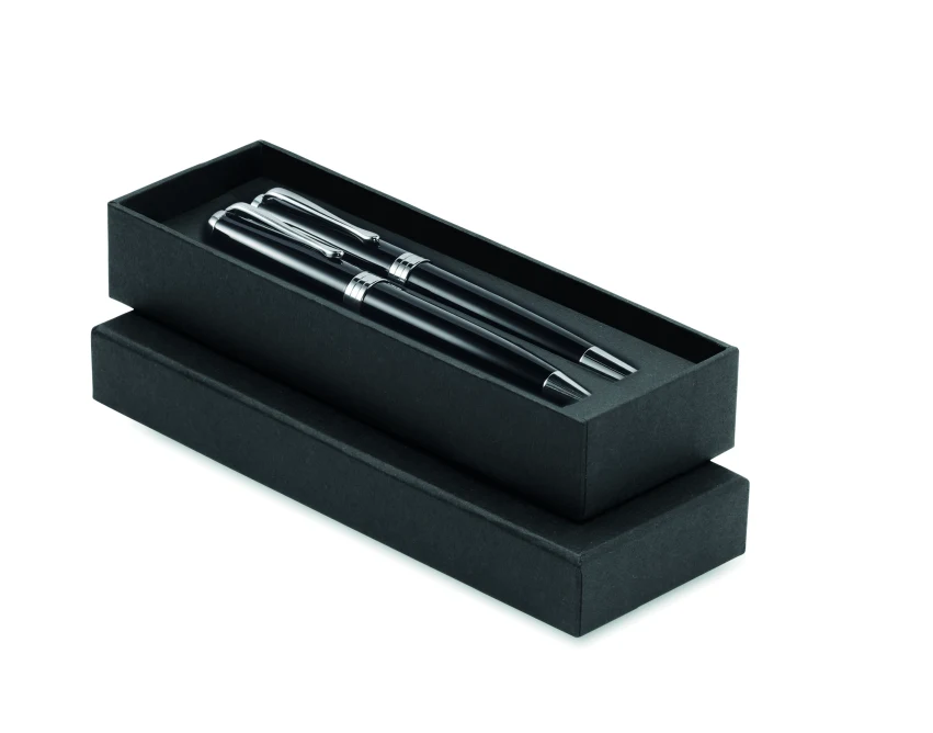Czarny zestaw Lyon: pióro kulkowe i długopis z logo
