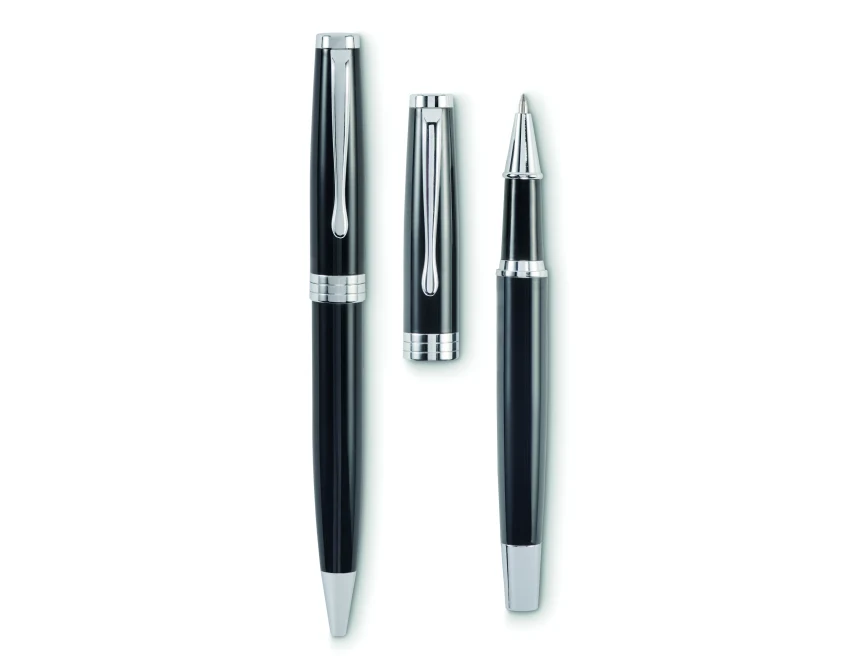 Czarny zestaw Lyon: pióro kulkowe i długopis z logo