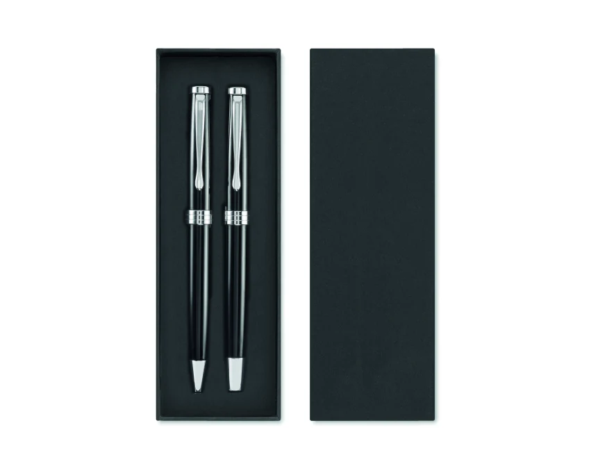 Czarny zestaw Lyon: pióro kulkowe i długopis z logo