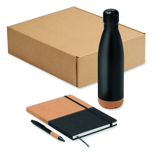 Czarny eco zestaw: stalowa butelka, notatnik RPET, długopis