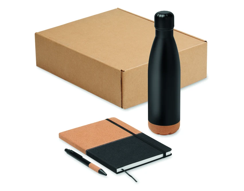 Czarny eco zestaw: stalowa butelka, notatnik RPET, długopis