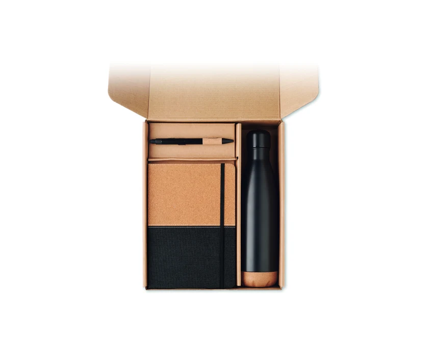 Czarny eco zestaw: stalowa butelka, notatnik RPET, długopis