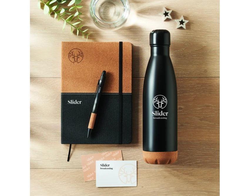 Czarny eco zestaw: stalowa butelka, notatnik RPET, długopis