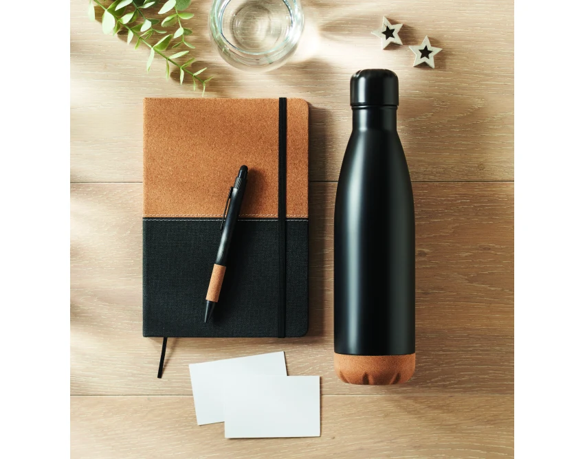 Czarny eco zestaw: stalowa butelka, notatnik RPET, długopis