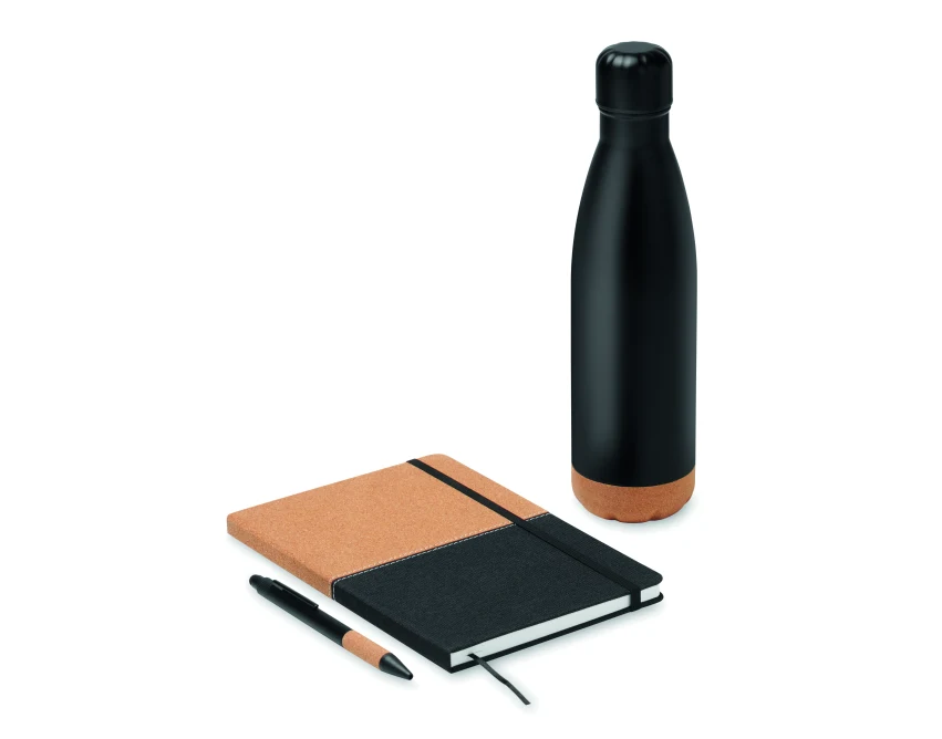 Czarny eco zestaw: stalowa butelka, notatnik RPET, długopis