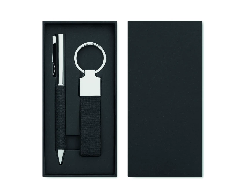 Czarny zestaw prezentowy RPET: długopis metalowy i brelok