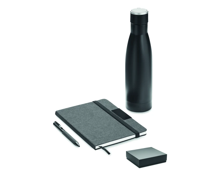 Luksusowy czarny zestaw prezentowy: notes, długopis, butelka