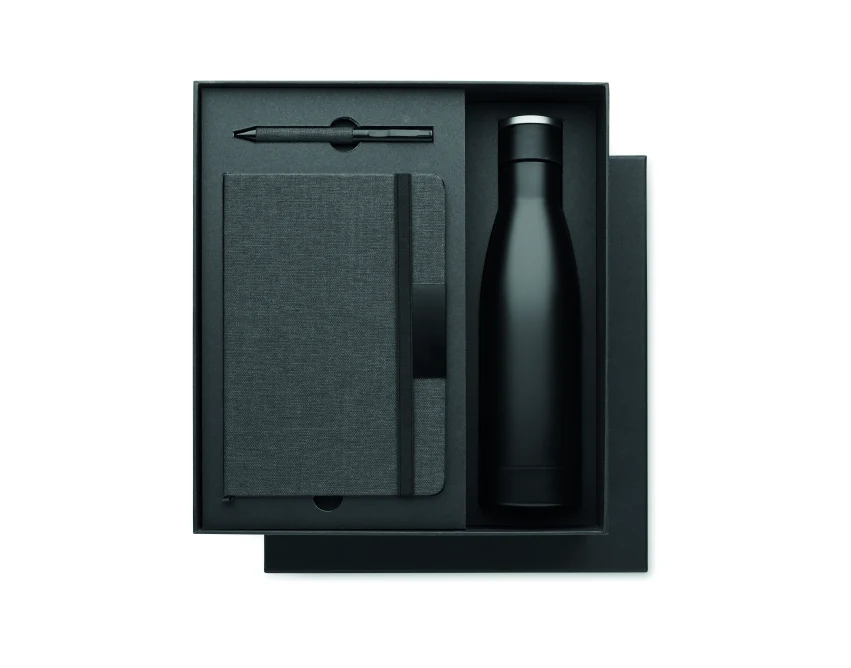 Luksusowy czarny zestaw prezentowy: notes, długopis, butelka