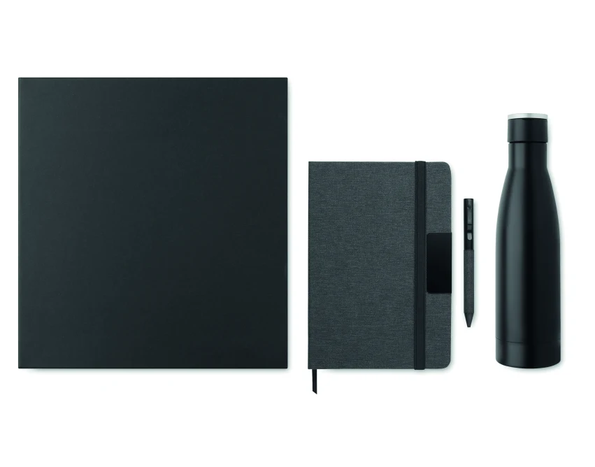 Luksusowy czarny zestaw prezentowy: notes, długopis, butelka
