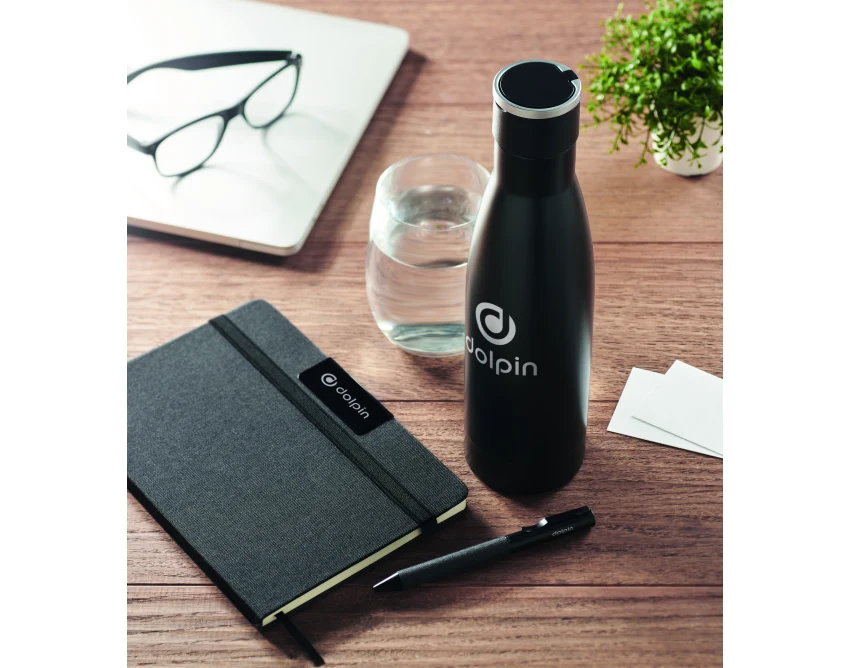 Luksusowy czarny zestaw prezentowy: notes, długopis, butelka