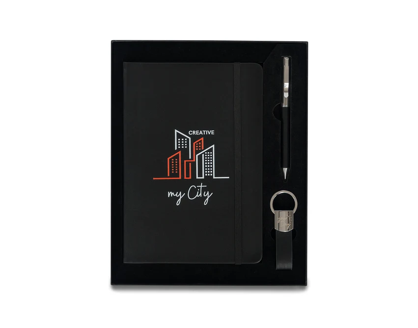 Czarny zestaw Nebraska: notes A5, długopis i brelok z logo