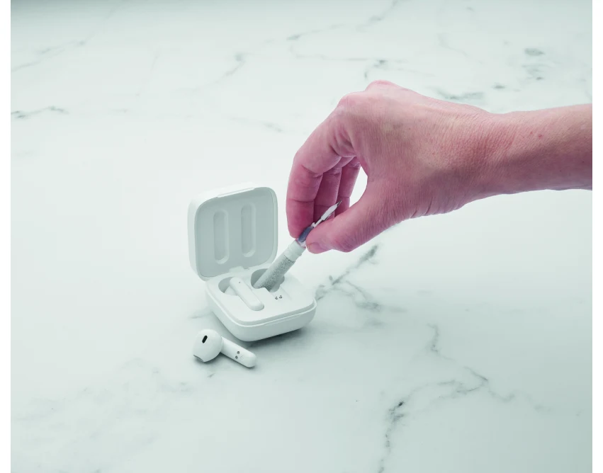 Biały długopis z czyścikiem do słuchawek TWS z logo