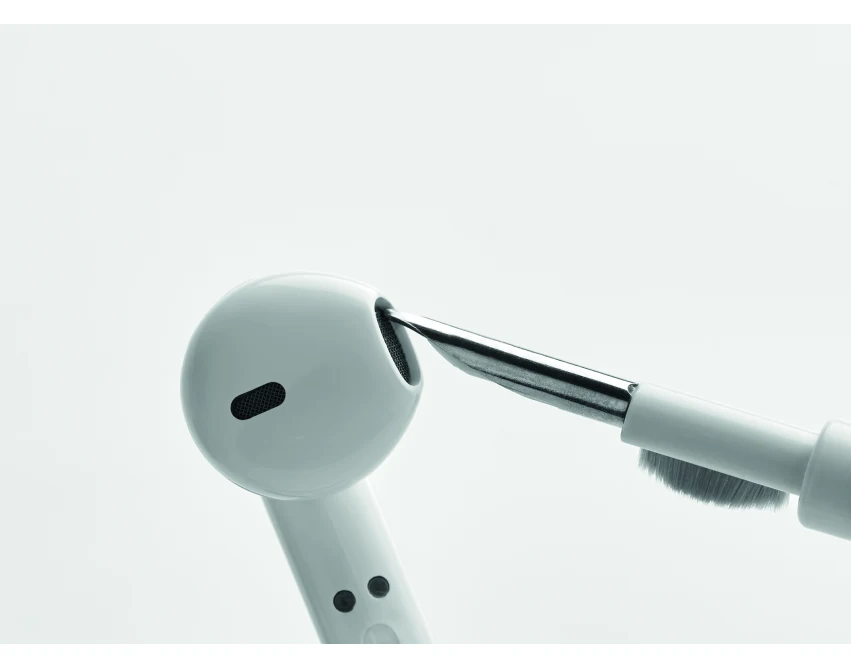 Biały długopis z czyścikiem do słuchawek TWS z logo