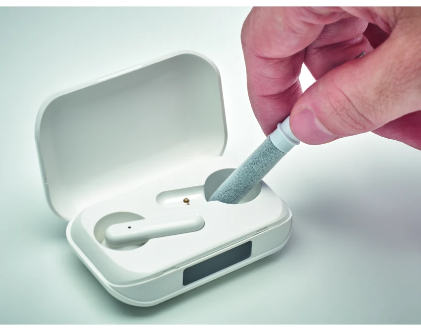 Biały długopis z czyścikiem do słuchawek TWS z logo