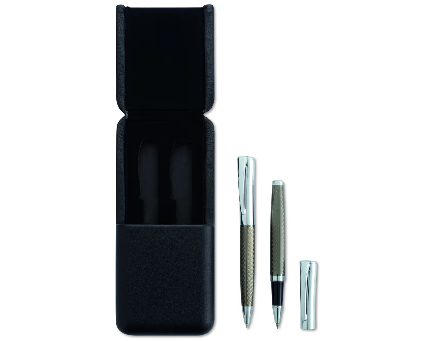 Tytanowy zestaw Derrick: pióro kulkowe i długopis z logo