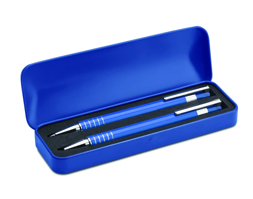 Niebieski zestaw piśmienniczy z grawerem w etui metalowym
