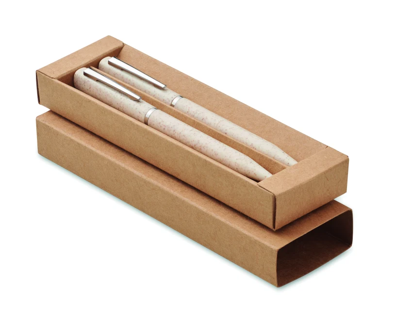 Beżowy zestaw piśmienniczy eco z logo FSC – długopis i ołówek