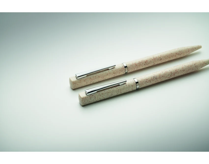 Beżowy zestaw piśmienniczy eco z logo FSC – długopis i ołówek