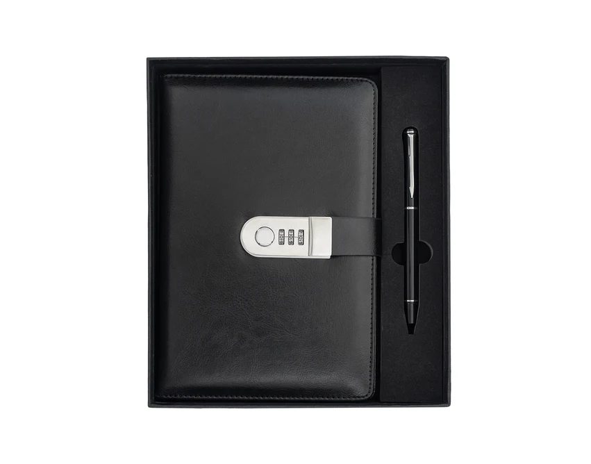 Czarny notes z szyfrem i długopis Windsor z logo