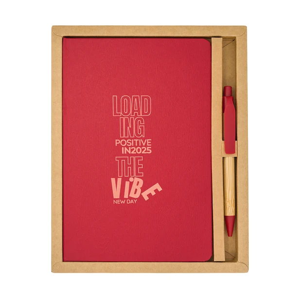 Czerwony zestaw: notes A5 z logo i bambusowy długopis